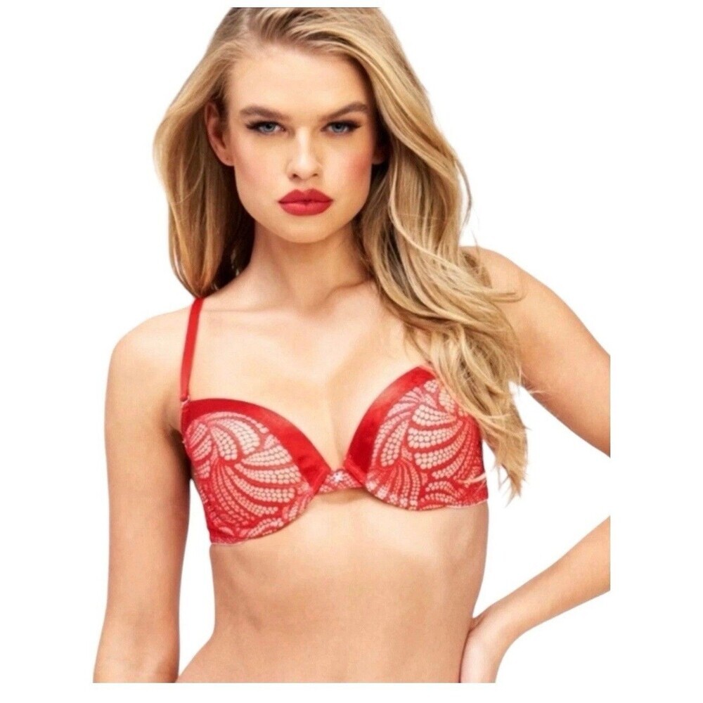 FREDERICK’S OF HOLLYWOOD Exxtreme Cleavage Tuxedo Red Lace‎ Bra Size 32C NEW